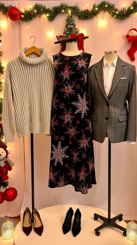 A variety of Christmas outfits including a sweater, cocktail dress, and blazer on a festive background.